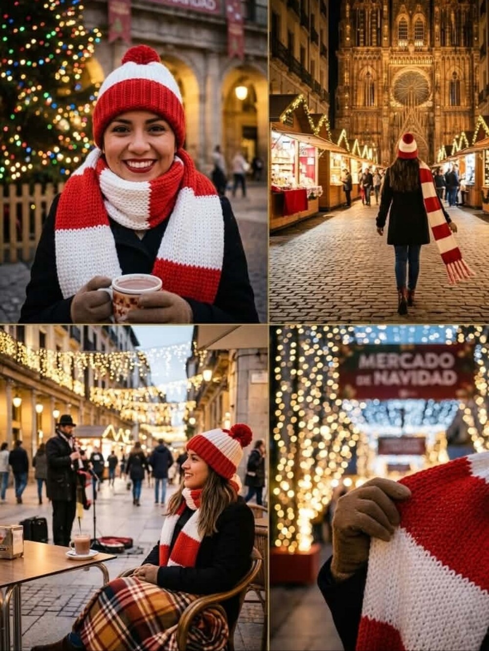 Women's Festive Hand Knit Red &White Stripes Set